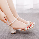 Crystal Queen High Heels White Wedding Sandals Bride Block Open Toe Prom Evening Formal Rhinestone Party Dress Shoes