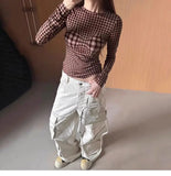 Retro Plaid Crop Tops Long Sleeve Y2k Vintage T Shirt Women Push Up Tee Tops Fairycore 2000s Japanese Grunge Tops Tee