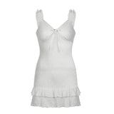 Sweet Ruched Lace Trim Bow Mini Dress