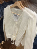 Women Twisted Flower Lace-up Sweater Cardigan Spring Lace V-neck Cotton Slim Summer Top Beige High Waist Sweater Coat