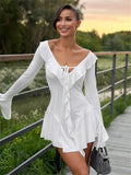 Ruffled Lace-Up White Mini Dress Women's V-Neck Patchwork Long Sleeve Sexy Slim Dress Bandage Elegant Female Summer Dress