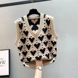 Fashion Love Heart Printed Loose Knitted Vest Sweater Casual V Neck Sleeveless Thick Sweater Vest Female Waistcoat Chic Tops