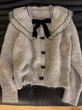 Bomon Autumn/Winter Knit Top Loose And Lazy Autumn/Winter Soft Waxy Grey Doll Collar Bow Sweater Cardigan Coat For Women