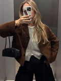 Retro Brown Short Women's Jacket Turndown Collar Single Breasted Long Sleeve Jackets Fashion Casual Loose New Autumn Coat