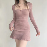 Pink Sweet Square Neck Knit Mini Dress