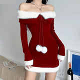 Sexy Red Christmas Dress Women Winter Y2k Plush Patchwork Off Shoulder Party Mini Dress Korean Fashin Elegant Bodycon Dress