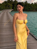 Summer Backless Yellow Satin Slip Dresses Women Elegant Off Shoulder Strapless Floral Chest Long Dress New Lady Party Robes