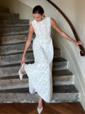 Fashion Women Stand Collar Lace Printed Maxi Dress Elegant White Sleeveless Slim A-line Pleated Vestdios Chic Party Evening Robe