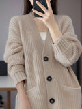 Cashmere Blend Wool Soft Winter Warm Knitted V-neck Women's Cardigans Sweater Korean Fashion Casual Loose Long Sleeve Coat