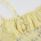 Yellow Bow Small Flowers Printing Mini Dress