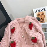 Sweet Strawberry Embroidered Sweater Coat for Women's Thickened New Soft Knitted Cardigan Single-breasted V-neck Loose Top