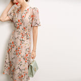 Women's Dress Summer New French V-neck Lace-up Temperament Printed Party Dress Female Casual Floral Half Sleeve A-line Dress