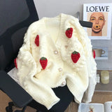 Sweet Strawberry Embroidered Sweater Coat for Women's Thickened New Soft Knitted Cardigan Single-breasted V-neck Loose Top