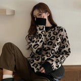 Biyaby Leopard Knitted Sweaters Woman Vintage Lazy Style Loose Jumper Blouse Women Autumn Winter O-Neck Bottoming Pullovers