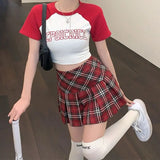 Preppy Plaid Pleated Skirt Red Women Summer Vintage Korean Style High Waist Patchwork A-line Mini Skirt Harajuku