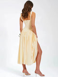 Elegant Satin Backless Midi Dress For Women High Quality Sundress Fashion Square Collar Sleeveless Loose Pleated Dress