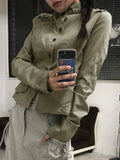 Retro Green Slim Cargo Jackets Women Button Up Stand Collar Long Sleeve Autumn Korean New Fashion Outwear