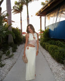 Elegant White Round Neck Hollow Out Lace Splicing Maxi Dress Chic Women Sleeveless Slim Crop Vestdios New Party Evening Gown