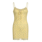 Yellow Ruffles Flowers Printed Mesh Dress