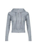 Sweetown Gray Slim Zip Up Jackets Hoodies For Women Pockets Long Sleeve Ribbed Solid Simple Basic Casual Preppy Sweatshirts