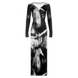 Vintage V Neck Tie Dye Long Sleeve Dress