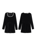 Black Rhinestone Women Mini Dress Square Collar Long Sleeve A-line High Waist Zipper Dresses Autumn Lady Party Club Vestido