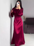 Elegant Satin High Waist Women Maxi Dress Bell Sleeve Lace Up Slim Banquet Mermaid Bodycon Dresses Throbbing in Autumn