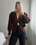 Chic Solid Button Knitted Cardigan Women Casual Deep V Neck Long Sleeve Slim Warm Sweater Autumn New Lady Fashion Kintwear Top