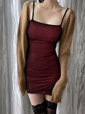 Sling One Shoulder Pleated Mesh Mini Dress Sexy Temperament Slim Hip Tight Slim Hot Sexy Red Wine Tops Kroean