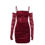 Velvet Y2k Ruched Elegant Corset Dresses Gothic Lace Patches Sheer Sling Party Dress Red Black Ladies Backless Clothes