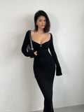 Sexy V-neck Flare Sleeves Dress Elegant For Women's Spring New High Waist Slim Split Fish Tail Wrap Hip Long Dress Sweet