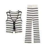 Summer Women's V-Neck Crochet Striped Top + High Waist Knitted Pants Set