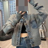 Korean style design, niche, loose  sweater, women's autumn new denim patchwork knitted top jacket