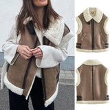 Women Fashion Patchwork Sleeveless Vest Waistcoat Loose Thicken Lapel Suede Fur Jacket Coat Autumn Winter Chic Tops Outwear