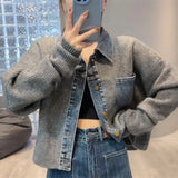 Korean style design, niche, loose  sweater, women's autumn new denim patchwork knitted top jacket