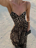 Fashion Women Leopard Print Sleeveless Sling Maxi Dress Sexy Backless Slim Pleated Long Vestdios Chic Beach Vacation Robes