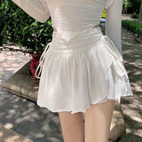 Sexy Cute White Mini Skirt Women Drawstring Folds High Waist Irregular Ruffle Patchwork Fairycore Short Skirts Coquette