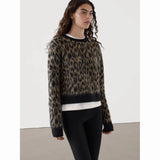 women's American retro brown leopard print round neck sweater knit top for autumn and winter