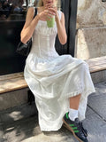 Lace Up Slim Maxi Dresses For Women High Waist Corset Dress Womens Whitewedding Holiday Elegant Fashion Folds Dress Woman