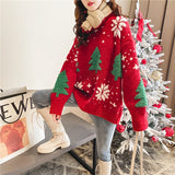 Autumn/Winter New Korean Thickened Color blocked Christmas Sweater Women Hoodie Snowflake Loose Round Neck Lazy Style Tops