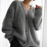 European And American Mink Velvet V-neck Knitted Sweater Women's Autumn And Winter New Loose Solid Color Cardigan Jacket