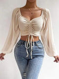Woman’s Tops Puff Sleeve Sexy Close-Fitting Summer and Spring Lace up V-neck Fashion Solid Color Simple Long Sleeve Hot