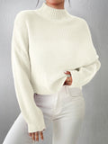 Women's Ribbed Knitted Sweater, Mock Neck Long Sleeve Pullover, Solid Color High Neck Drop Shoulder Jumper