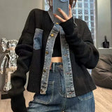 Korean style design, niche, loose  sweater, women's autumn new denim patchwork knitted top jacket