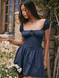 Square Collar Pleated Mini Dress For Women Navy Blue Fashion Short Sleeve Backless A-line Club Party Sexy Dress Elegant