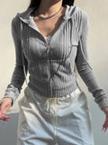 Gray Zip Up Knitted Hooded Jackets Women Pockets Details Solid Simple Basic Minimalist Slim Long Sleeve Hoodies Knitwear