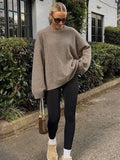 Brown Casual Round Neck Knitted Pullover Women Fashion Long Sleeve Loose Short Sweater Autumn New Lady Street Knit Tops