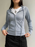 Sweetown Gray Slim Zip Up Jackets Hoodies For Women Pockets Long Sleeve Ribbed Solid Simple Basic Casual Preppy Sweatshirts