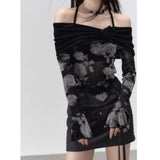 Black Fake Two Piece Off Shoulder Tops Women Autumn New Slim Fit Halter Print Tee Shirt Y2k E-Girl Long Sleeve T-shirts