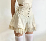 Sweet Mesh Tiered Ruffle Shorts Skirts Khaki Wide Form Side Bandage Cute Hot Pants Lolita Style Soft Girls Shorts Y2K